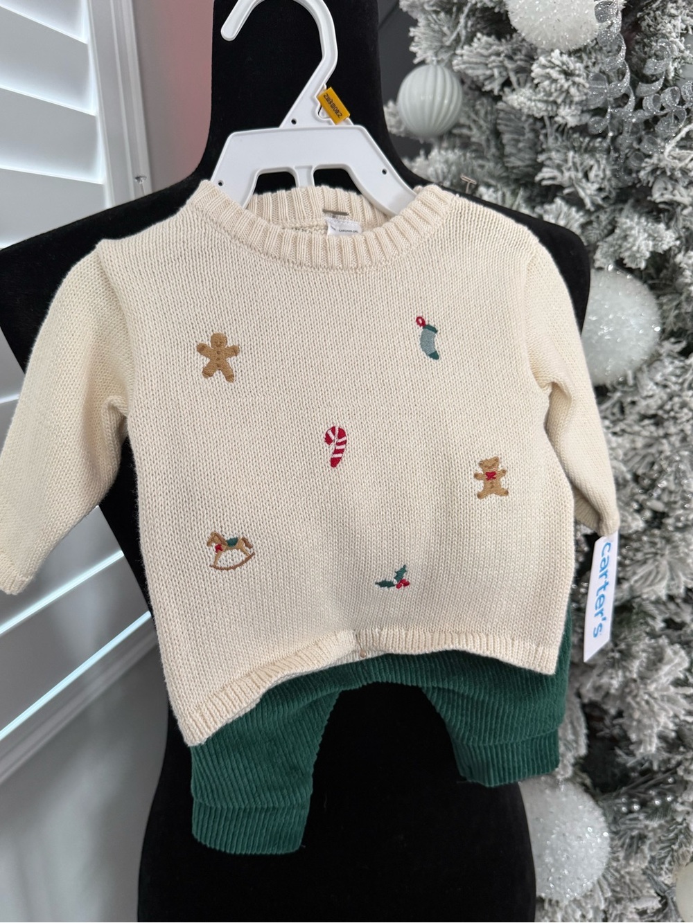 Carter's Cream Holiday Knit Sweater with Green Pants newborn NWT